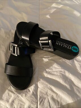 Italian Shoemakers Black Slide Sandals with Silver Buckles